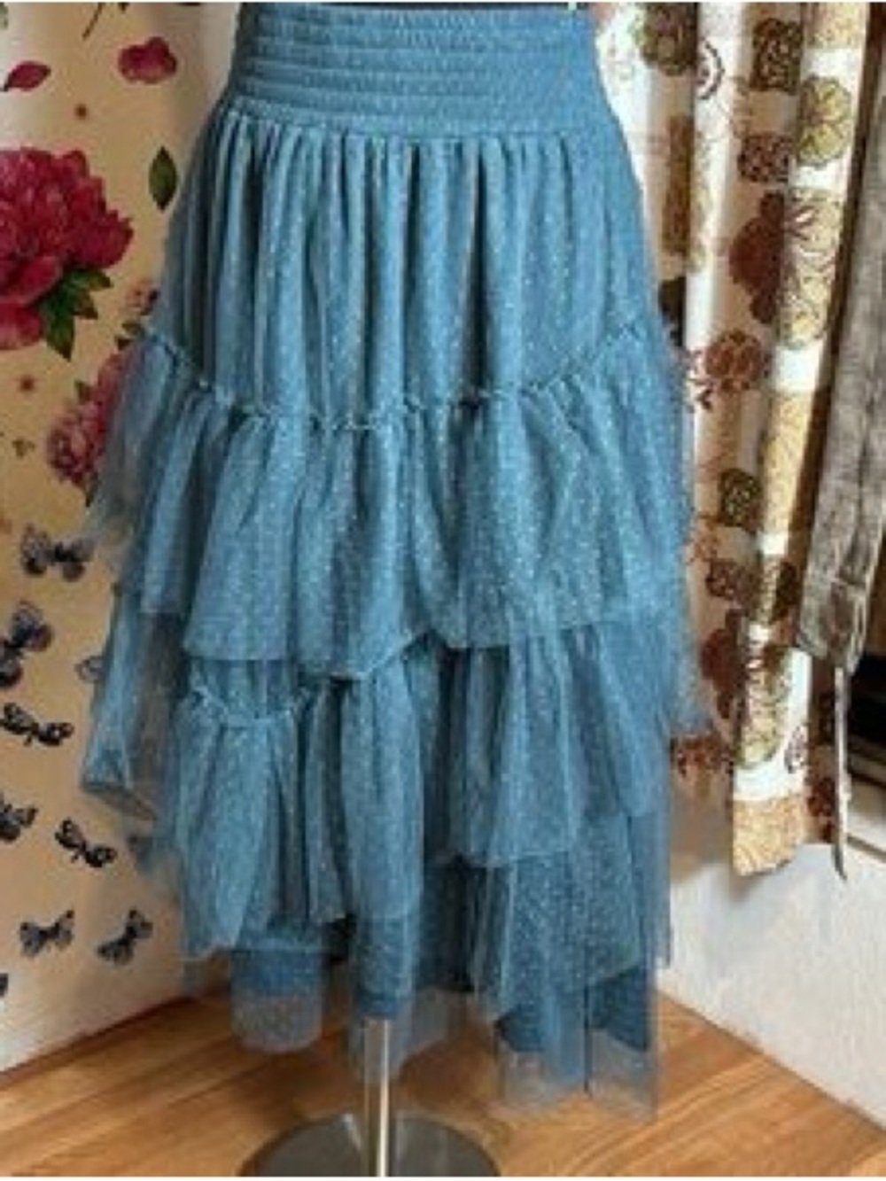 Smocked Waist Blue Tiered Midi Skirt